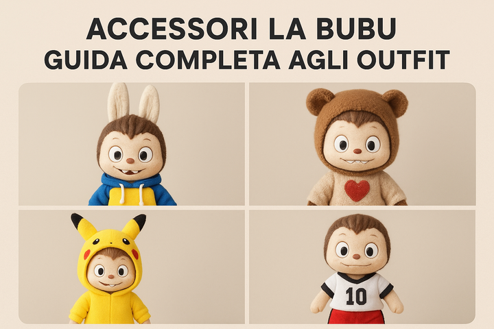 Accessori La Bubu per bambole Labubu da 17 cm: felpe colorate, cappello orso, tuta Pikachu e set sportivo calcio e basket.