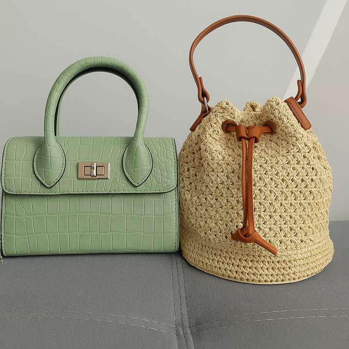 borsa elegante trama coccodrillo e borsa zaino in paglia