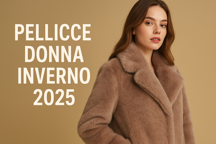 Donna con cappotto in pelliccia sintetica elegante, collezione pellicce donna inverno 2025, moda sostenibile e raffinata.