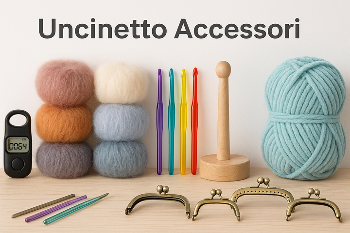 Accessori per uncinetto: gomitoli mohair e chenille, uncinetti ergonomici, uncinetti crystal, contatore digitale, chiusure per borse e porta-gomitolo in legno