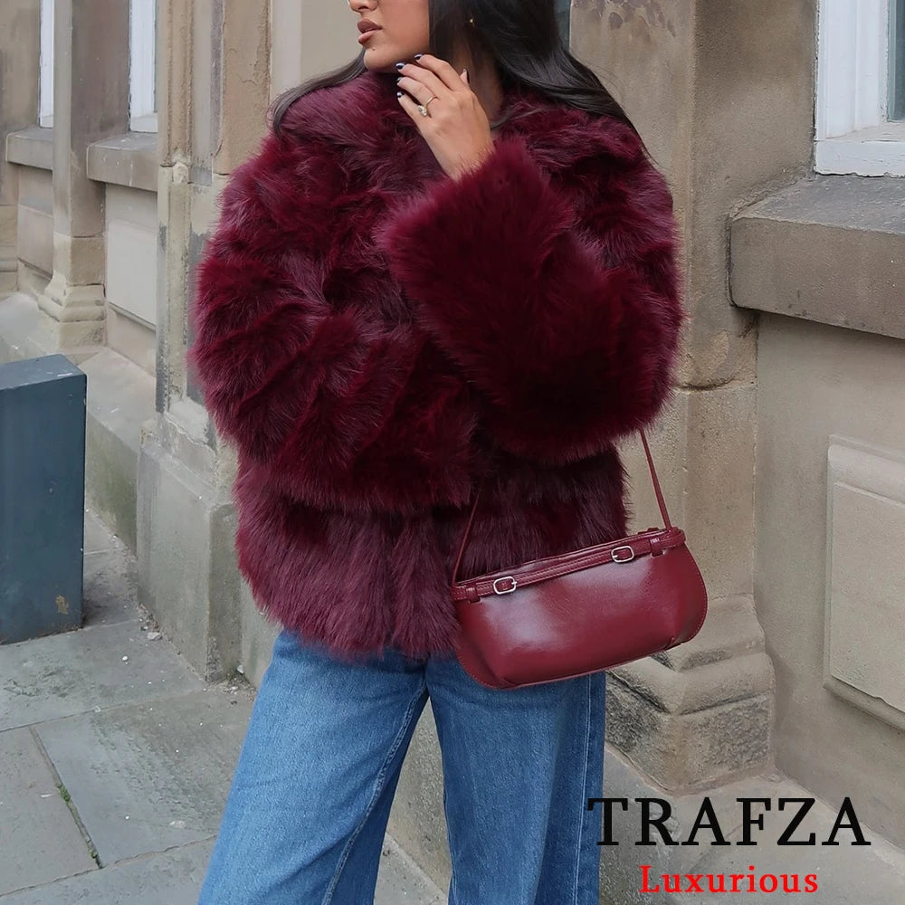 Giacca in pelliccia sintetica marrone con scollo a V per donna – Giacca lunga a maniche lunghe, stile casual elegante per l'autunno/inverno