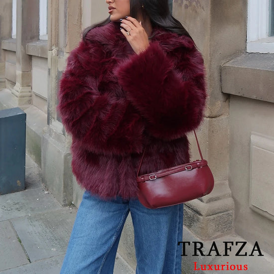 Giacca in pelliccia sintetica marrone con scollo a V per donna – Giacca lunga a maniche lunghe, stile casual elegante per l'autunno/inverno