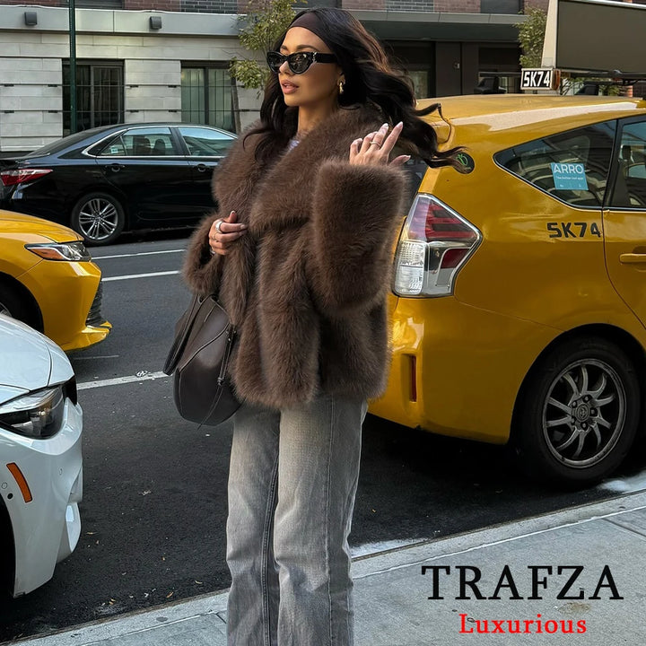 Giacca in pelliccia sintetica marrone con scollo a V per donna – Giacca lunga a maniche lunghe, stile casual elegante per l'autunno/inverno