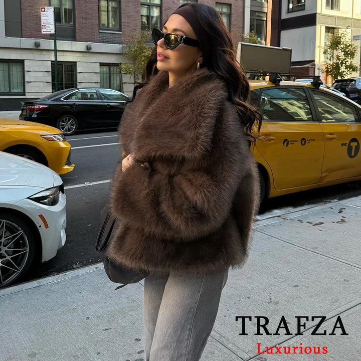 Giacca in pelliccia sintetica marrone con scollo a V per donna – Giacca lunga a maniche lunghe, stile casual elegante per l'autunno/inverno