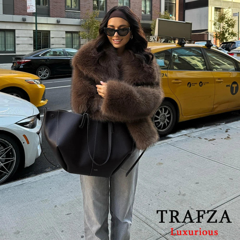 Giacca in pelliccia sintetica marrone con scollo a V per donna – Giacca lunga a maniche lunghe, stile casual elegante per l'autunno/inverno