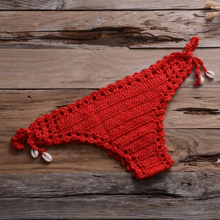 Bikini all’uncinetto micro brasiliano 2025, top triangolo con laccetti e slip con conchiglie laterali, disponibile in 8 colori vivaci, elegante e femminile.