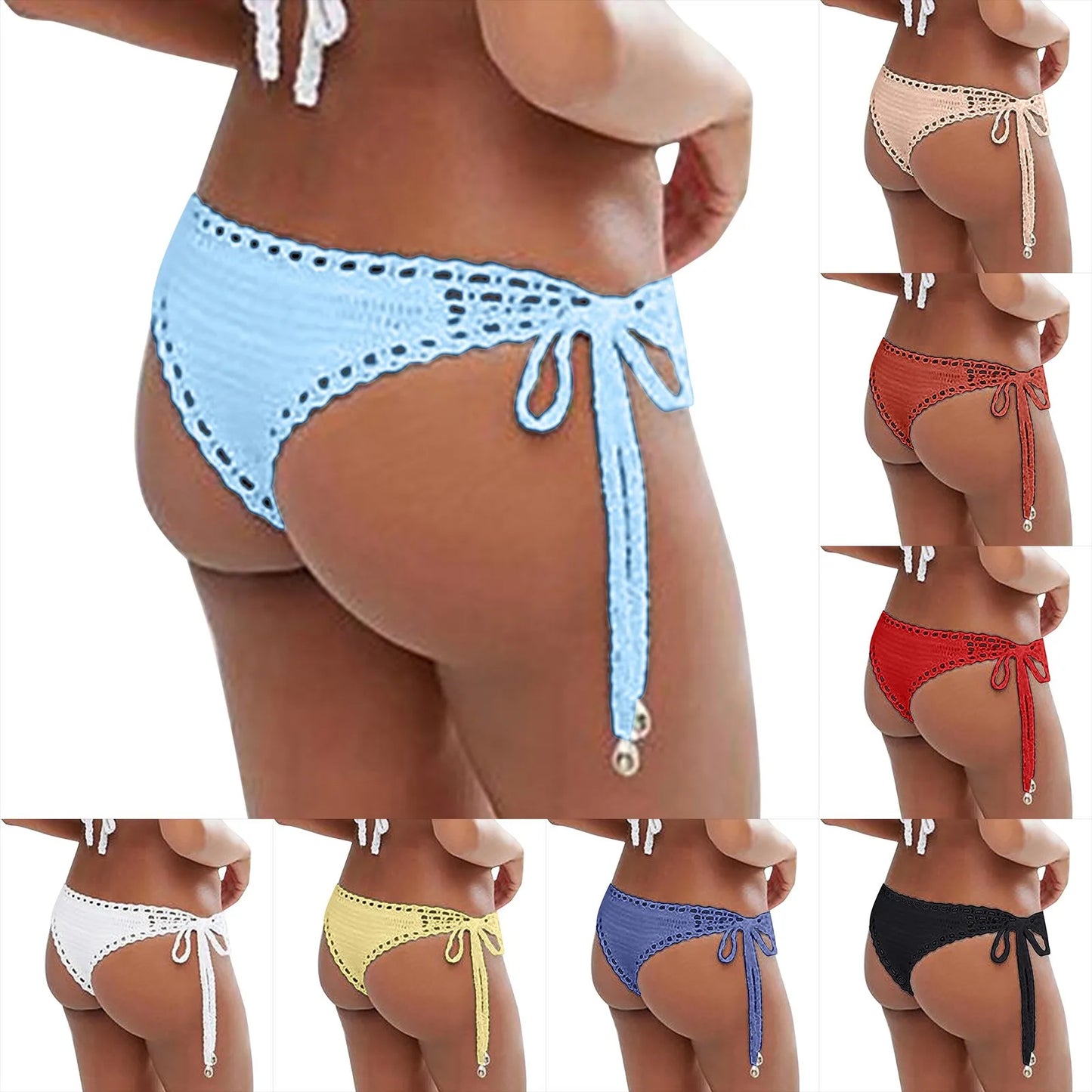 Bikini all’uncinetto micro brasiliano 2025, top triangolo con laccetti e slip con conchiglie laterali, disponibile in 8 colori vivaci, elegante e femminile.