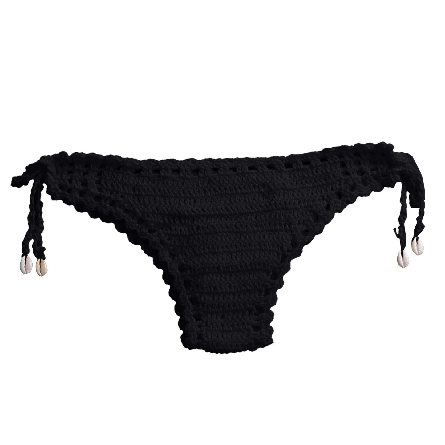 Bikini all’uncinetto micro brasiliano 2025, top triangolo con laccetti e slip con conchiglie laterali, disponibile in 8 colori vivaci, elegante e femminile.
