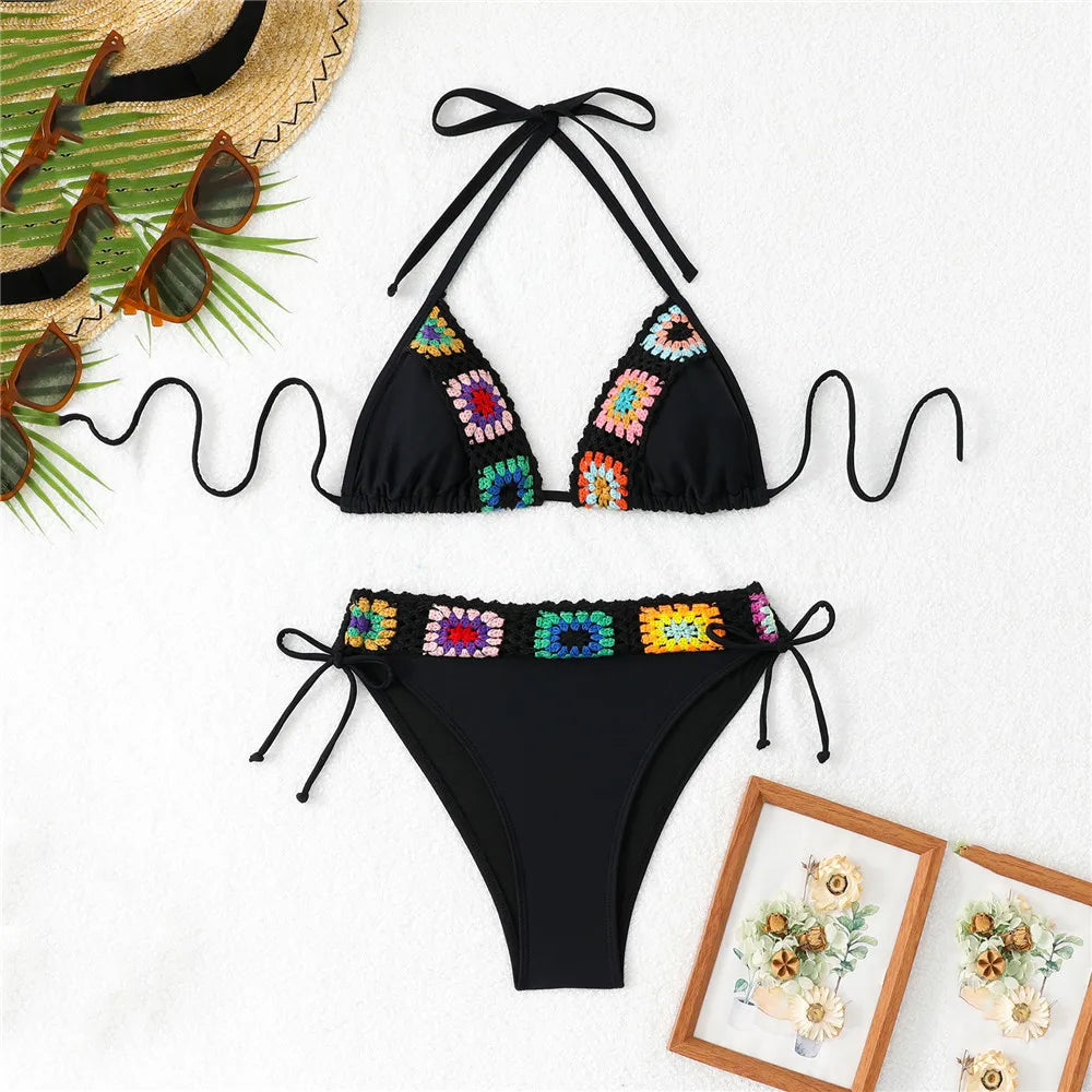 Bikini nero crochet micro 2025, top halter e bottom thong artigianale