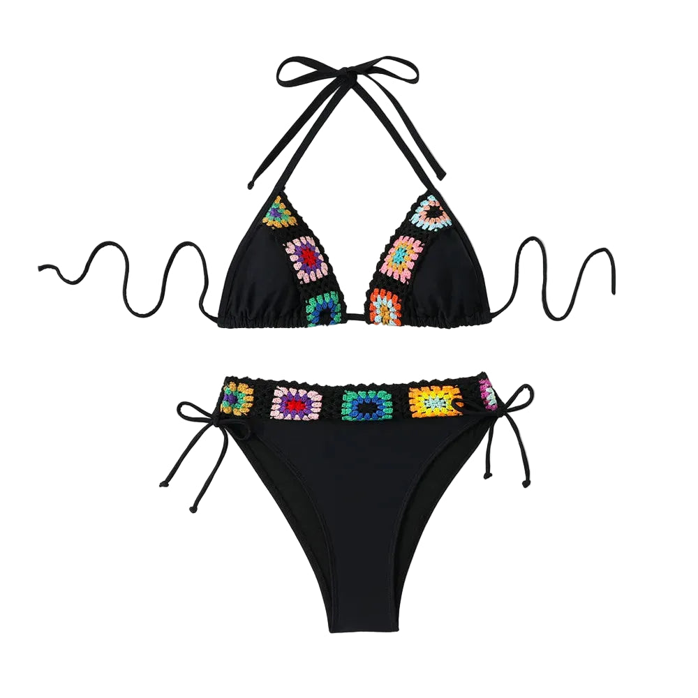 Bikini nero crochet micro 2025, top halter e bottom thong artigianale