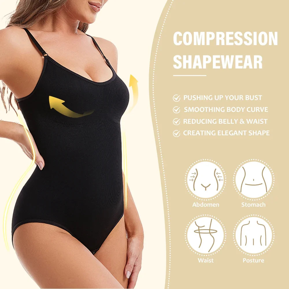 Body modellante donna in tessuto elastico e traspirante, senza cuciture, con compressione addominale e sostegno glutei. Disponibile in nude, nero, marrone.