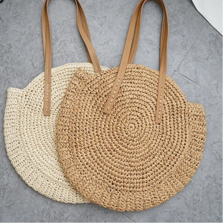 Borsa rotonda estiva in paglia intrecciata stile bohemien per donna