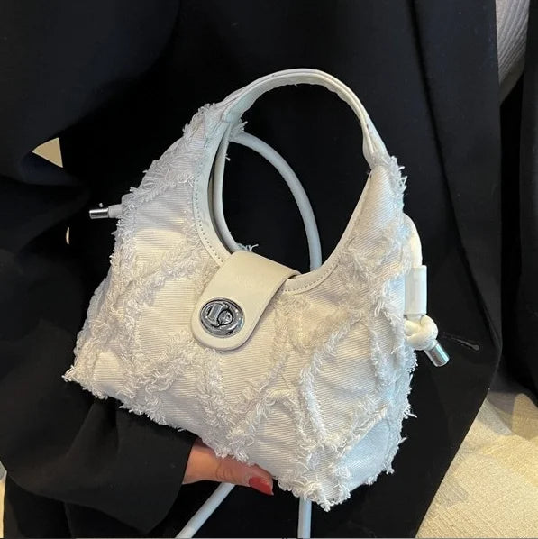 Borse donna in denim effetto sfrangiato con tracolla, disponibili in diversi colori moda