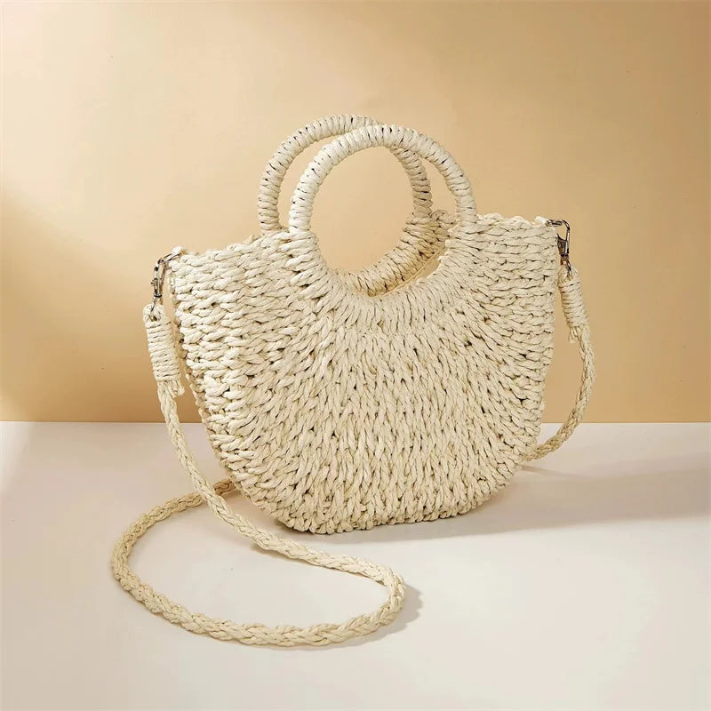 Borsa estiva in paglia intrecciata con manici rigidi e tracolla, perfetta per la spiaggia e il tempo libero