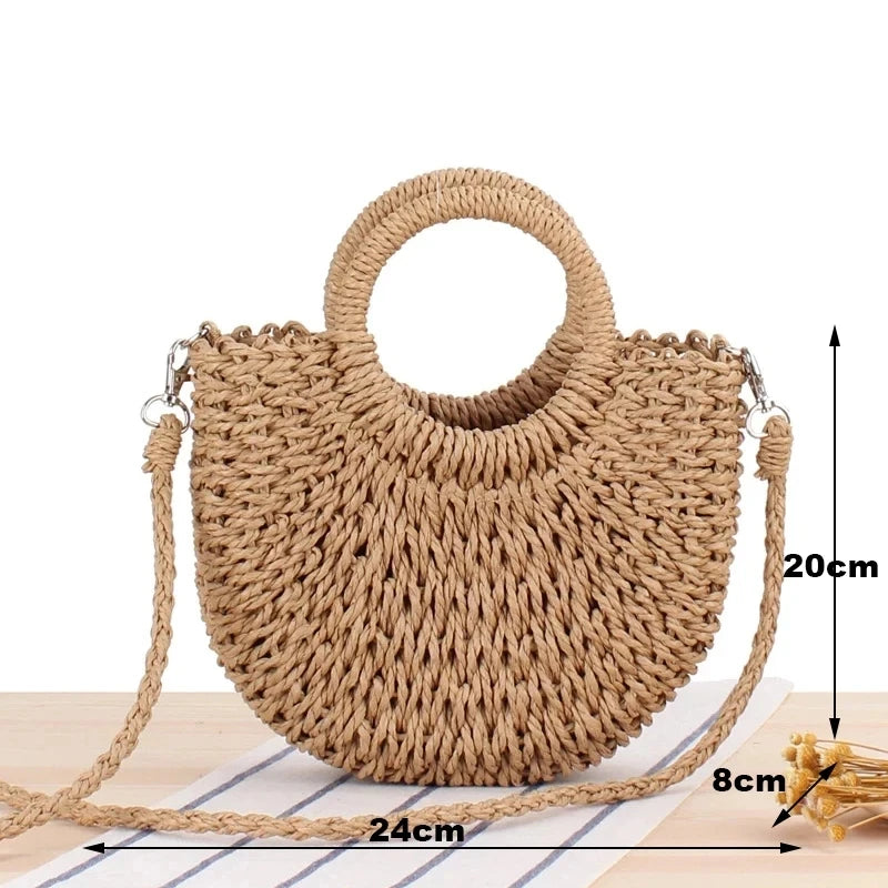 Borsa estiva in paglia intrecciata con manici rigidi e tracolla, perfetta per la spiaggia e il tempo libero
