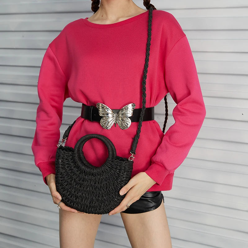 Borsa estiva in paglia intrecciata con manici rigidi e tracolla, perfetta per la spiaggia e il tempo libero