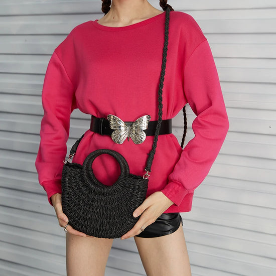 Borsa estiva in paglia intrecciata con manici rigidi e tracolla, perfetta per la spiaggia e il tempo libero