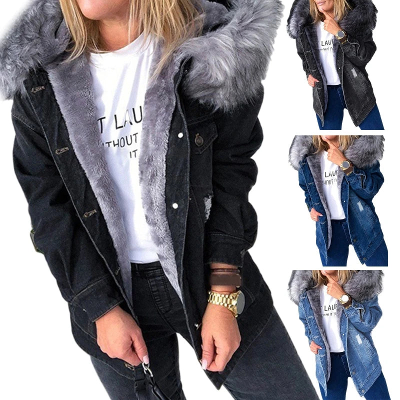 Giacca denim donna con cappuccio e collo peluche – Giubbotto imbottito invernale oversize con interno caldo