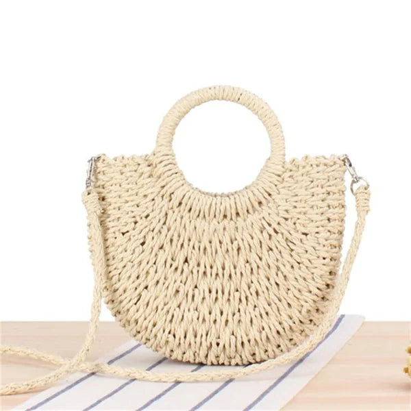Borsa paglia intrecciata semicircolare con manici rotondi – Beige e Khaki