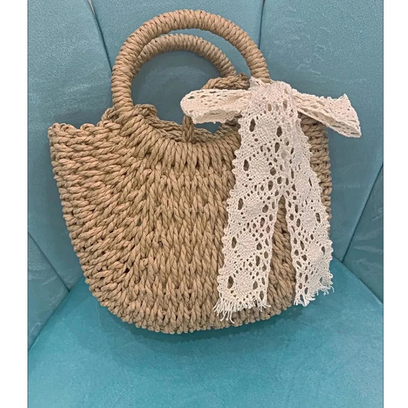 Borsa paglia intrecciata semicircolare con manici rotondi – Beige e Khaki