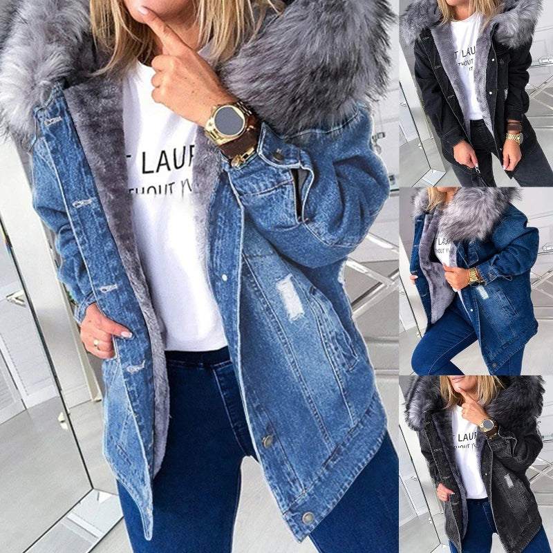 Giacca denim donna con cappuccio e collo peluche – Giubbotto imbottito invernale oversize con interno caldo