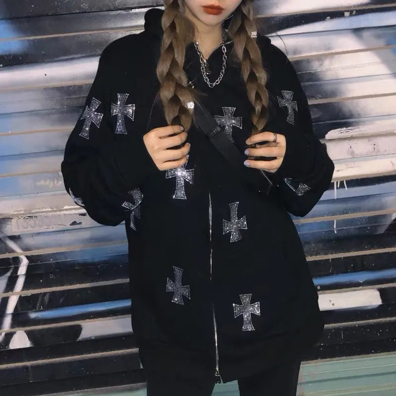 Felpa con cappuccio, zip e strass stile Y2K