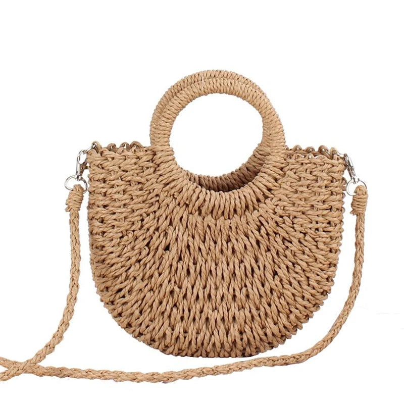 Borsa paglia intrecciata semicircolare con manici rotondi – Beige e Khaki