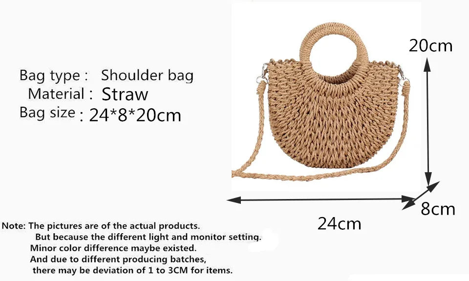Borsa paglia intrecciata semicircolare in paglia naturale, beige e khaki, con manici rotondi e versione con fiocco Ribbon, vista frontale su fondo neutro