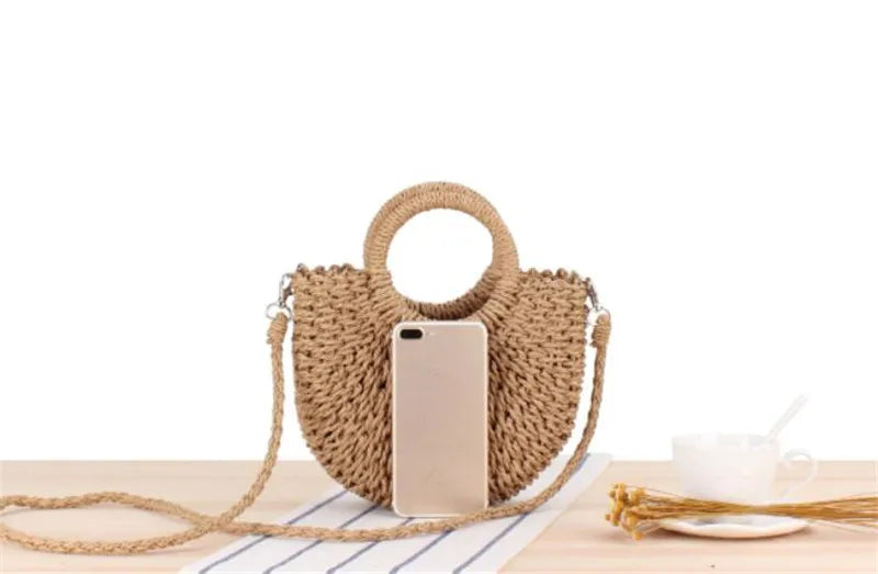 Borsa paglia intrecciata semicircolare con manici rotondi – Beige e Khaki
