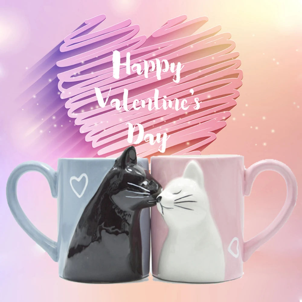 Set 2 Tazze Ceramica con Gatti che Si Baciano – Regalo Romantico per Coppie San Valentino