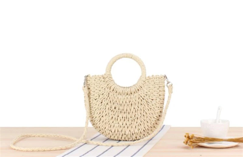 Borsa paglia intrecciata semicircolare con manici rotondi – Beige e Khaki