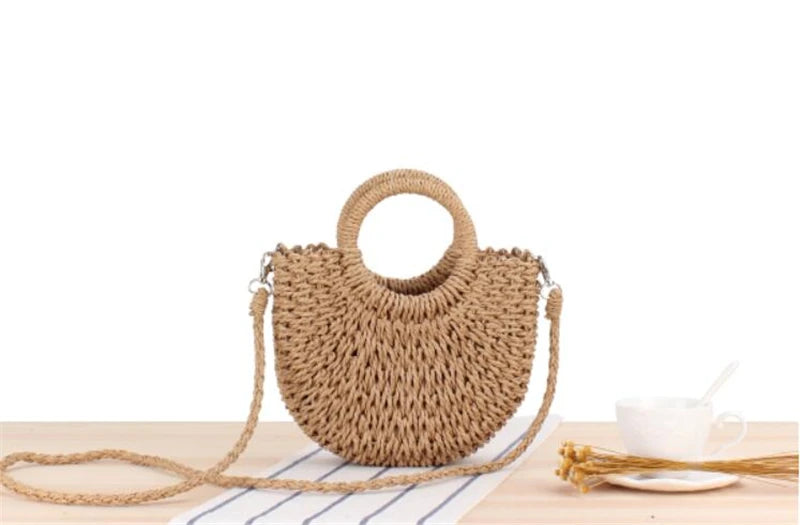 Borsa paglia intrecciata semicircolare con manici rotondi – Beige e Khaki
