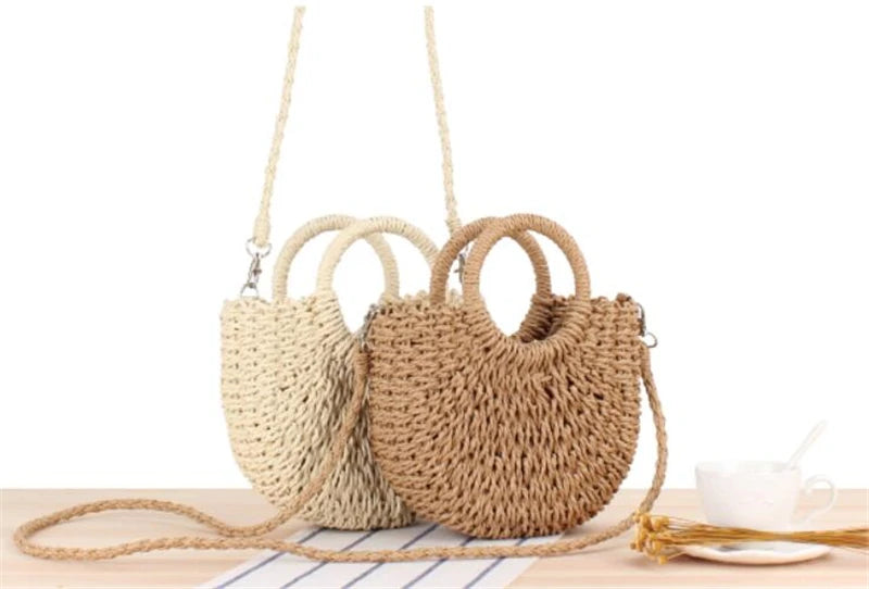 Borsa paglia intrecciata semicircolare con manici rotondi – Beige e Khaki