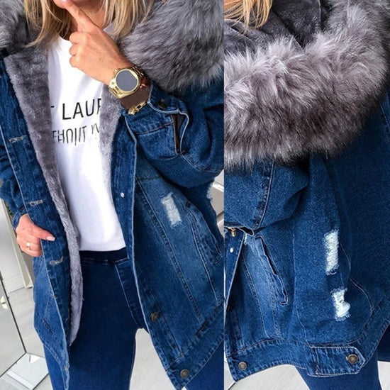 Giacca denim donna con cappuccio e collo peluche – Giubbotto imbottito invernale oversize con interno caldo