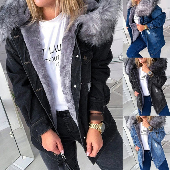 Giacca denim donna con cappuccio e collo peluche – Giubbotto imbottito invernale oversize con interno caldo
