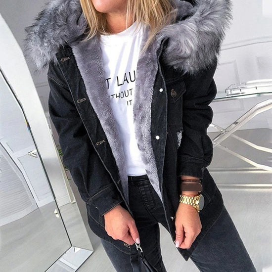 Giacca denim donna con cappuccio e collo peluche – Giubbotto imbottito invernale oversize con interno caldo