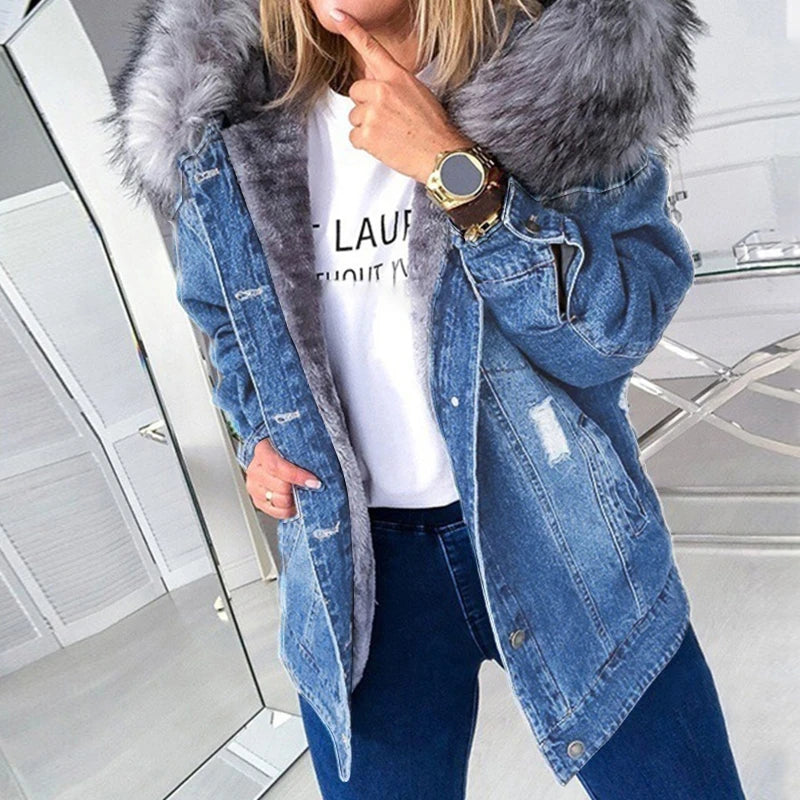 Giacca denim donna con cappuccio e collo peluche – Giubbotto imbottito invernale oversize con interno caldo