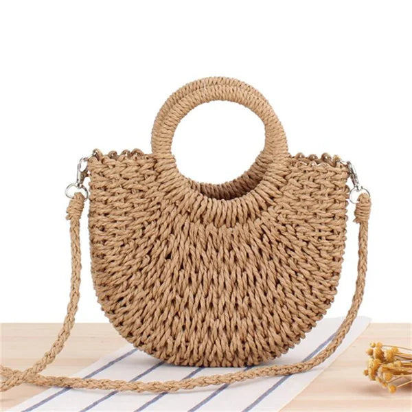Borsa paglia intrecciata semicircolare con manici rotondi – Beige e Khaki