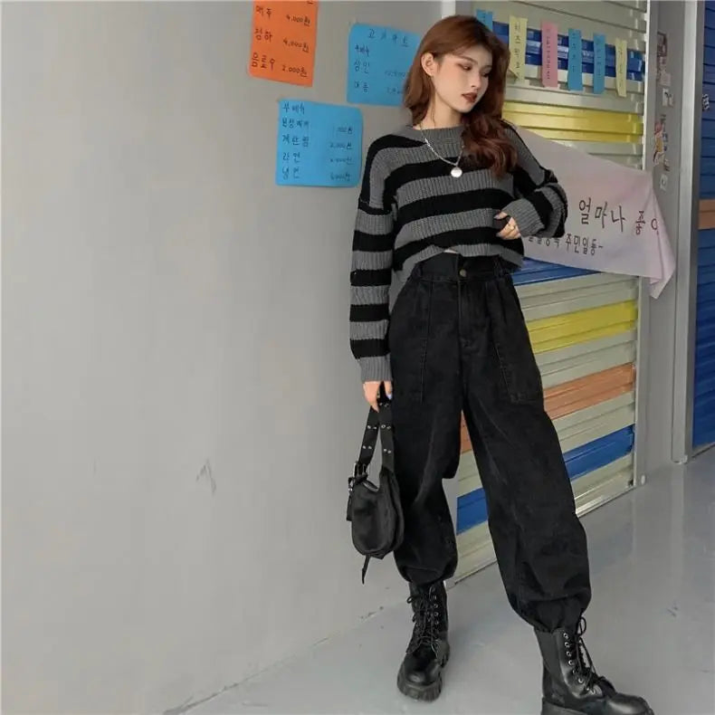 Pullover cropped a righe donna – Maglione oversize vintage a maniche lunghe, casual autunno / inverno