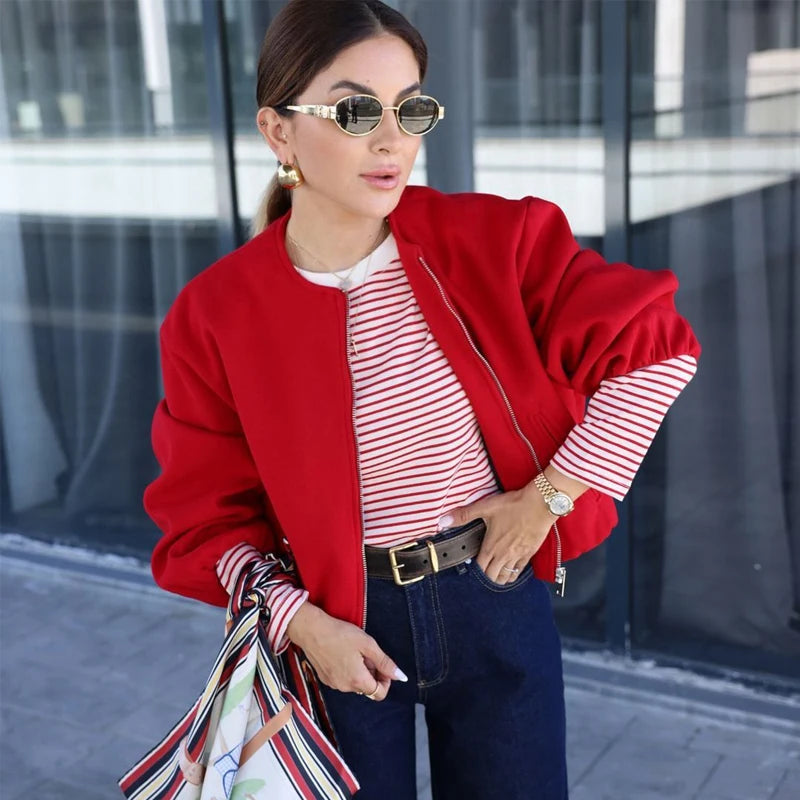 Bomber corto rosso da donna – giacca cropped sportiva