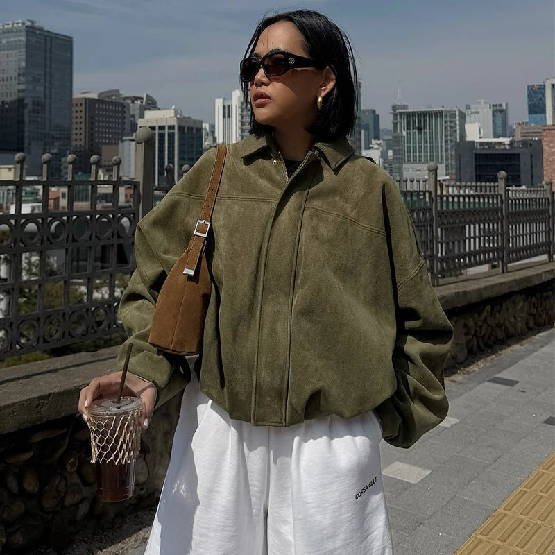 Giacca Bomber Donna con Zip, Collo a Revers e Maniche Lunghe – Giubbotto Corto Stile High Street 2025 per Autunno/Inverno