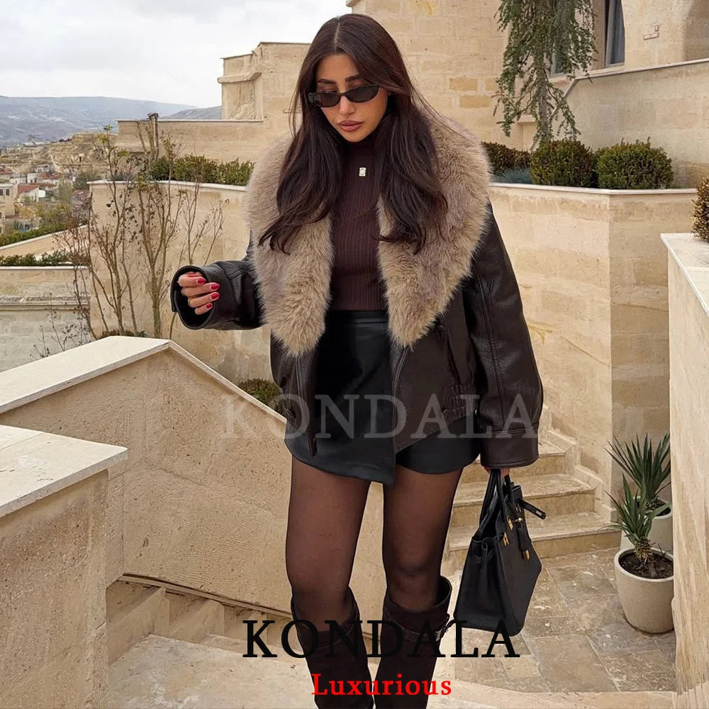 Giacca Donna Effetto Pelle con Collo Effetto Pelliccia - immagine 10