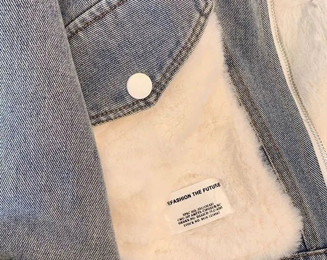 Giacca denim imbottita con pile fissato 2025 – giubbotto baggy da donna con colletto alto e interno caldo
