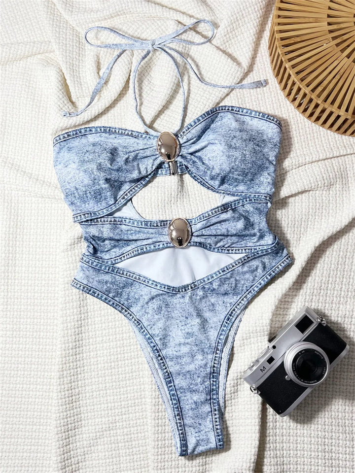Bikini Y2K stampa denim sexy sgambato con bandeau – Estate 2025