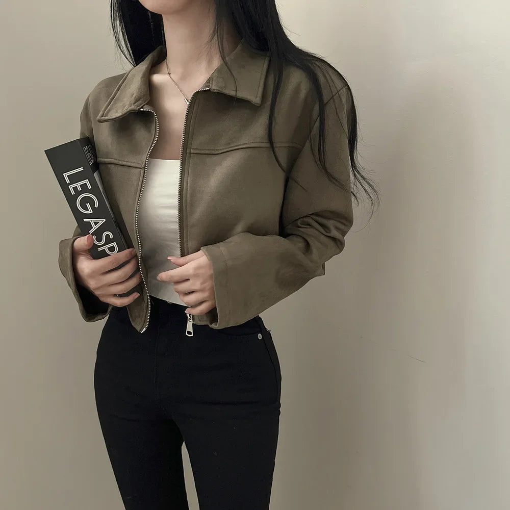 Giacca in pelle donna stile vintage – Giubbotto corto con zip, collo alla coreana, taglio slim fit, versatile e alla moda