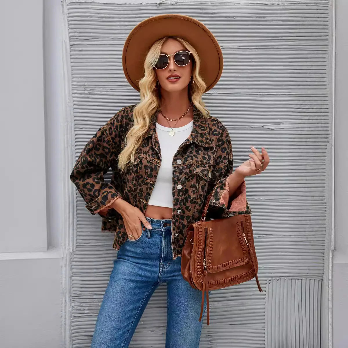 Giacca in denim donna leopard print – blazer oversize a maniche lunghe con collo a rever stile coreano primavera-autunno