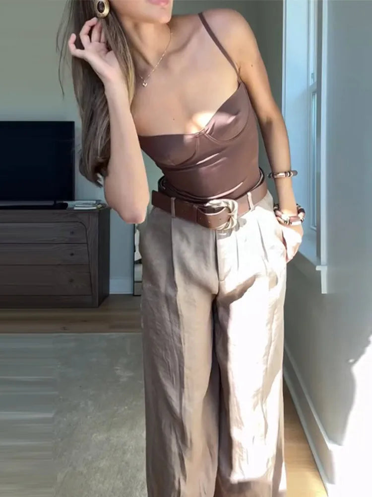 Completo donne 2025 – Pantaloni vita alta largo + body + top in coordinato con cintura inclusa