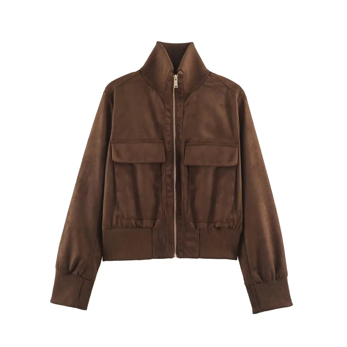 Giacca donna con grandi tasche, zip e collo alto - Marrone chiaro