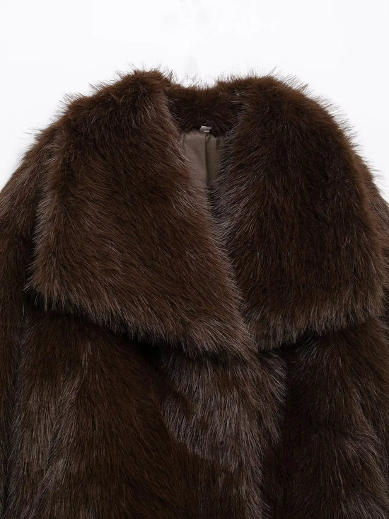 Giacca in pelliccia sintetica marrone con scollo a V per donna – Giacca lunga a maniche lunghe, stile casual elegante per l'autunno/inverno