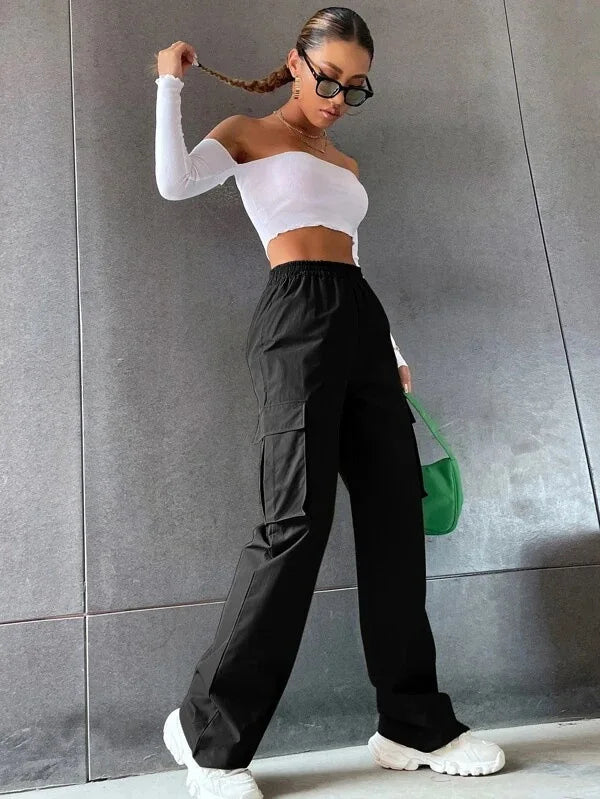 Pantaloni baggy jogger donna vita alta eleganti – pantaloni cargo straight chic oversize con vita elastica